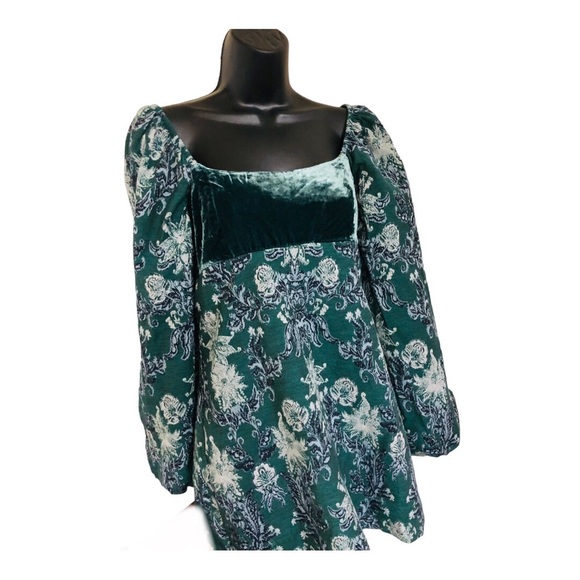 Free People structured green brocade look velvet balloon sleeve babydoll dress - Picture 15 of 16